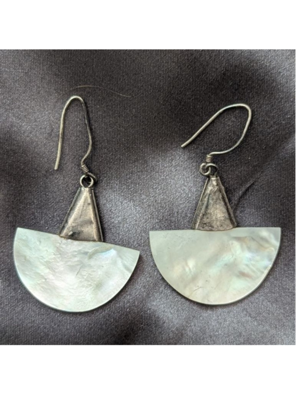 Vintage Boho Sterling Silver Mezzaluna Mother of Pearl Dangle Earrings - Picture 5 of 7